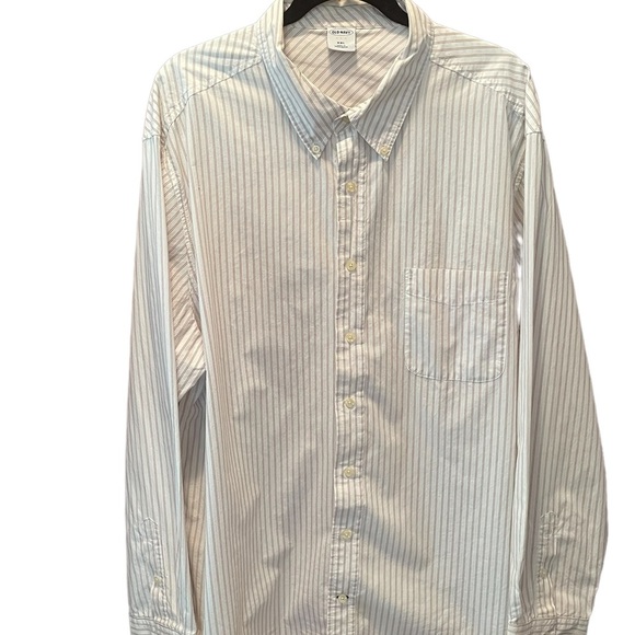 Old Navy mens long sleeve pin striped button front shirt, tan/white, size XXL - Picture 1 of 8